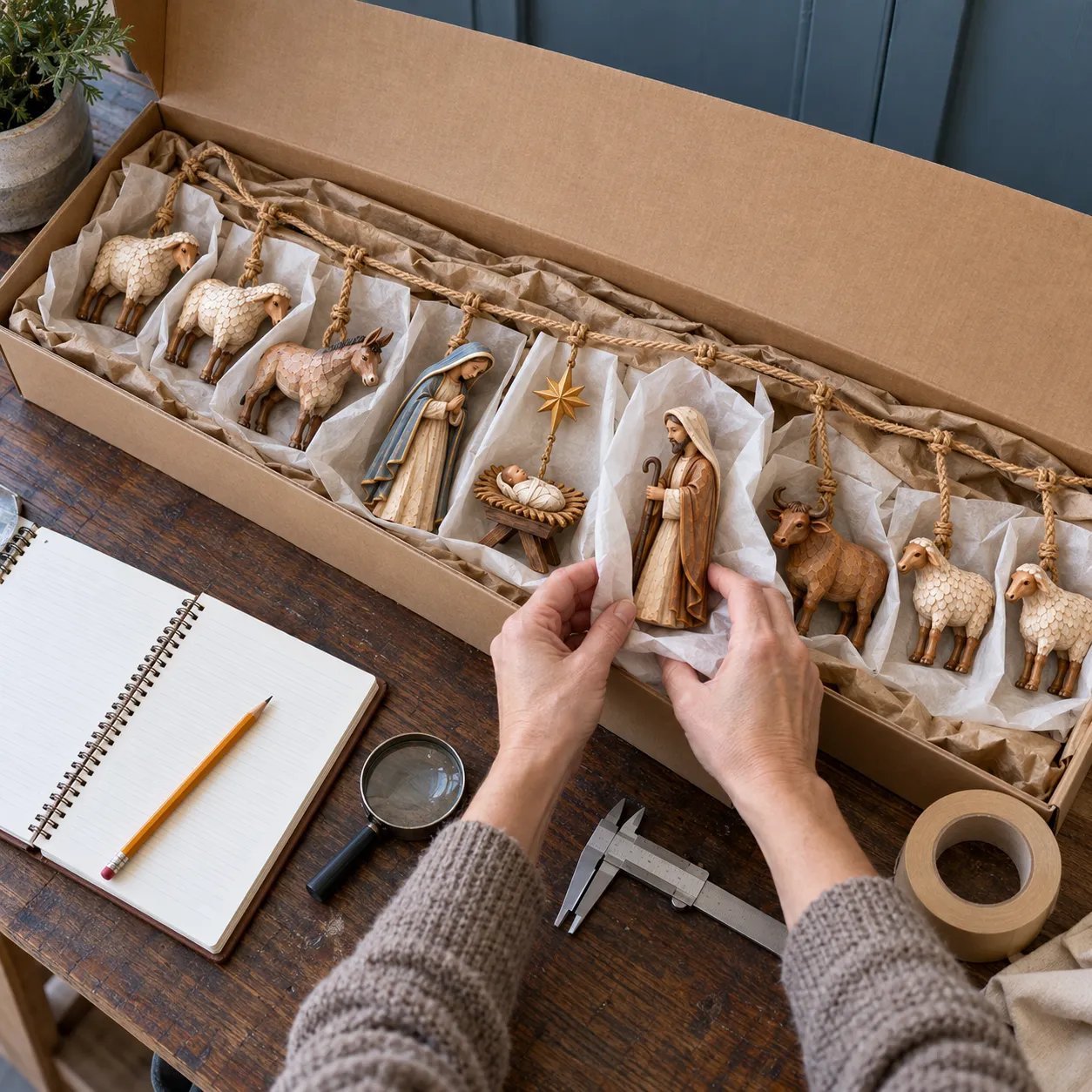 Careful packing of Wooden Nativity Garland