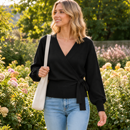 V-Neck Wrap Tie-Waist Knit Top