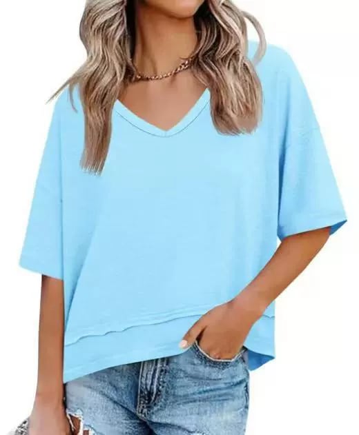 Women's V-neck Mid-length Sleeve Spliced Hem Basic Top