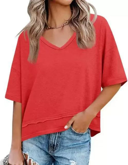 Women's V-neck Mid-length Sleeve Spliced Hem Basic Top