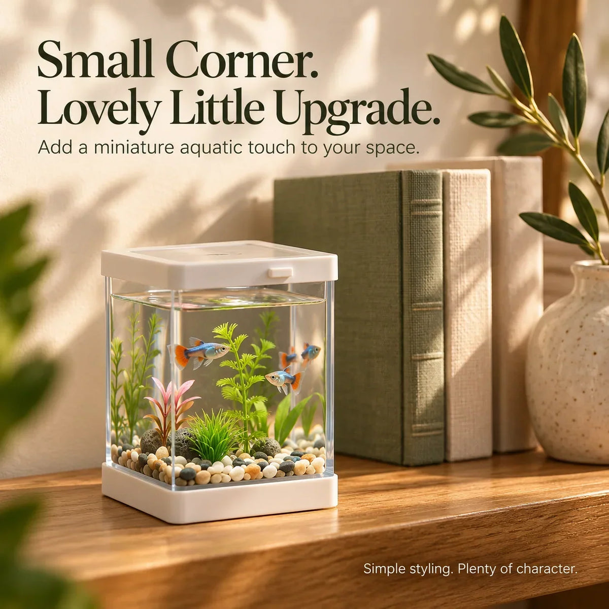 🐠🌿 Mini Desktop Aquarium Display – Clear-Sided Fish Scene with Decorative Plants, Pebble Details & Removable Top | Cozy Desk Decor ✨