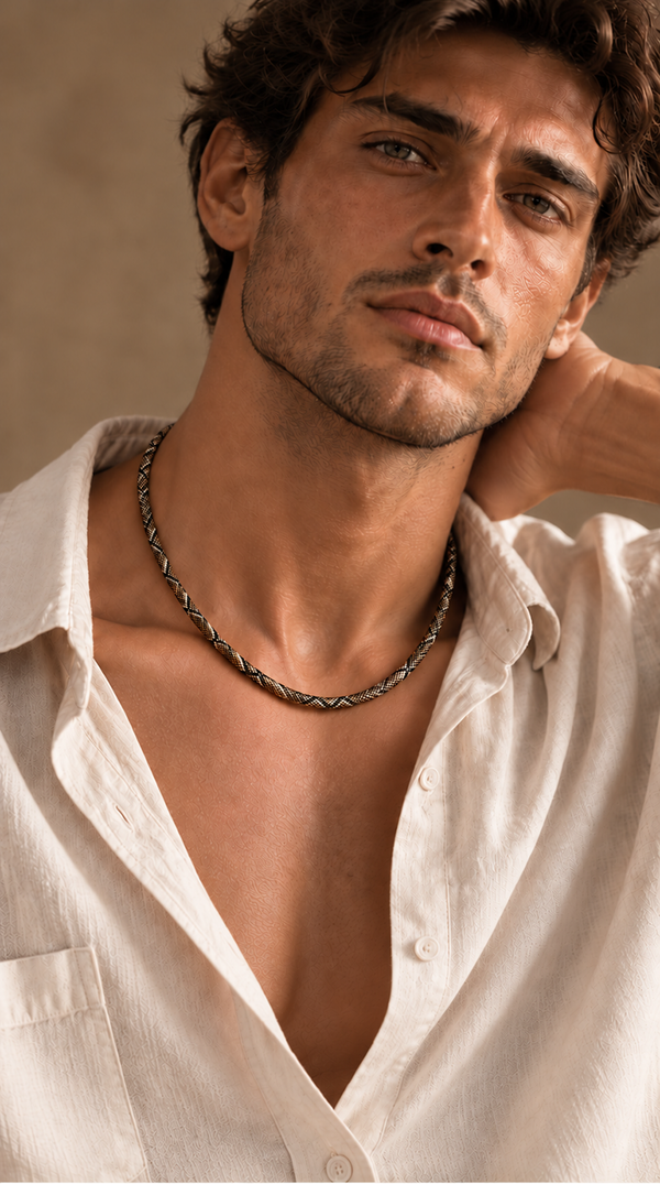 Woman wearing a bronze serpent necklace