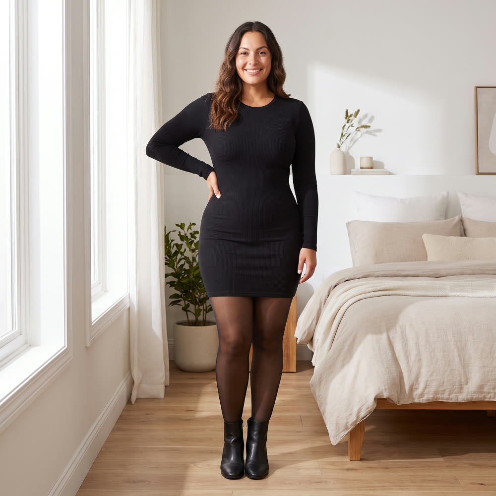 Black knit dress styled with sheer-look tights and ankle boots