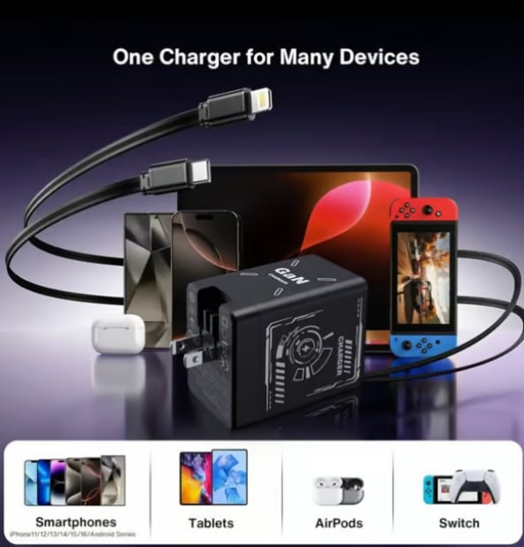 2-in-1 GaN avolqira 3.0  Charger with Retractable Cables