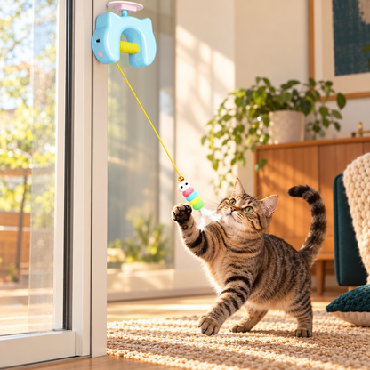 OvaPet automatic hanging cat toy with a tabby cat playing at home