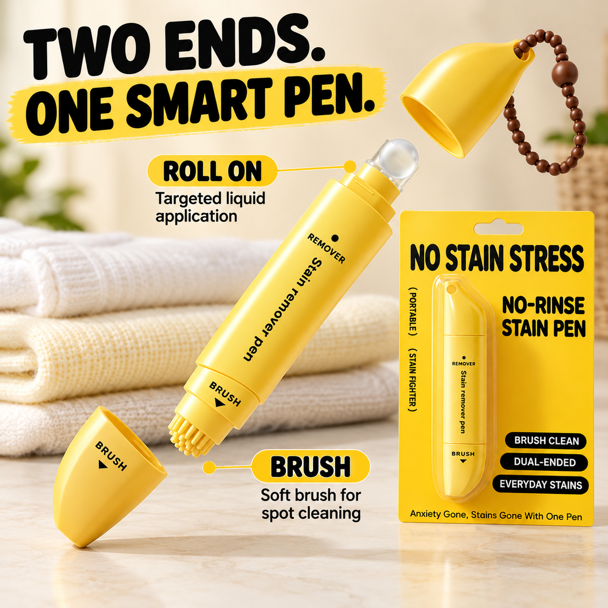 Dual-head stain remover pen showing the rollerball liquid applicator and brush end