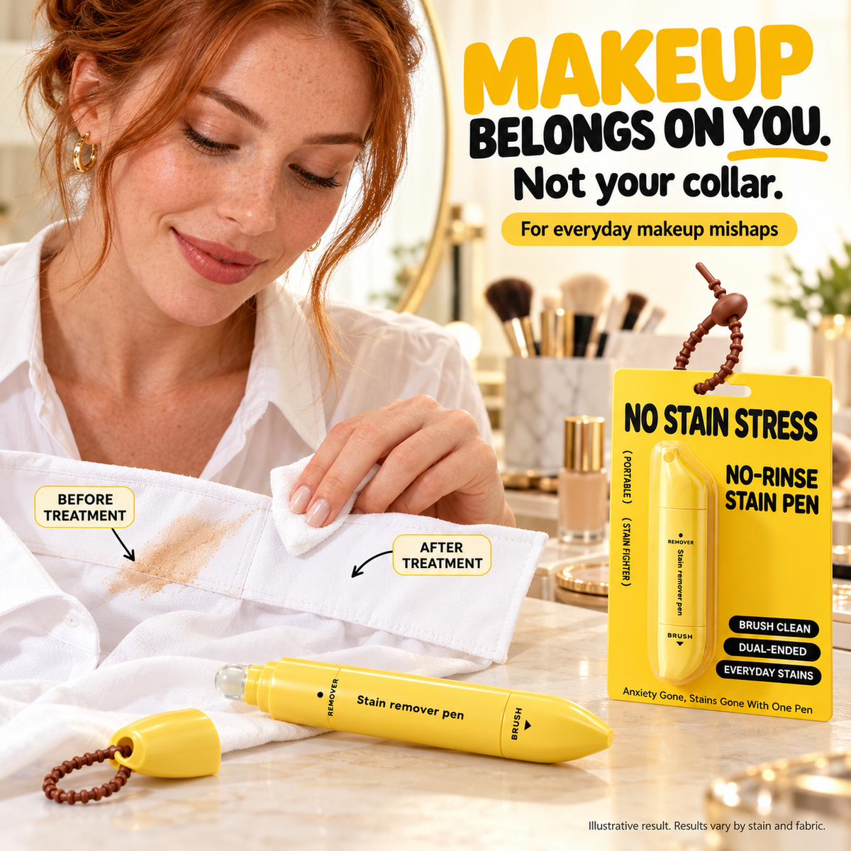 Stain remover pen being used on a makeup mark on a shirt collar