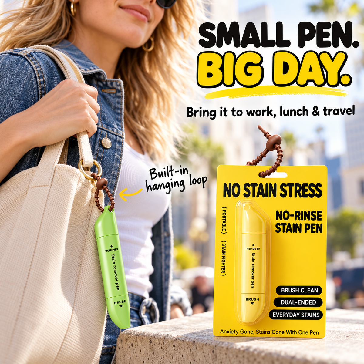 Portable stain remover pen attached to a handbag for everyday carrying