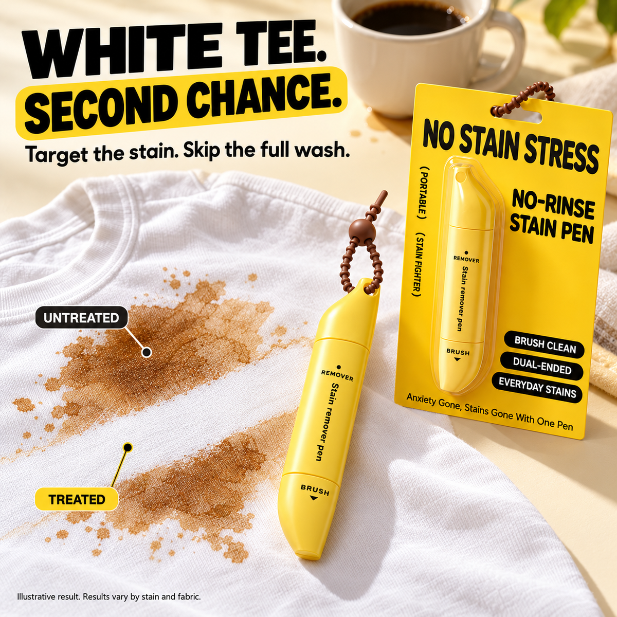 Stain remover pen shown with a stained white T-shirt for illustrative spot-treatment comparison