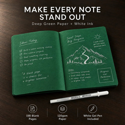 Deep Green Blank Notebook With White Gel Pen | Aesthetic Writing & Sketch Journal