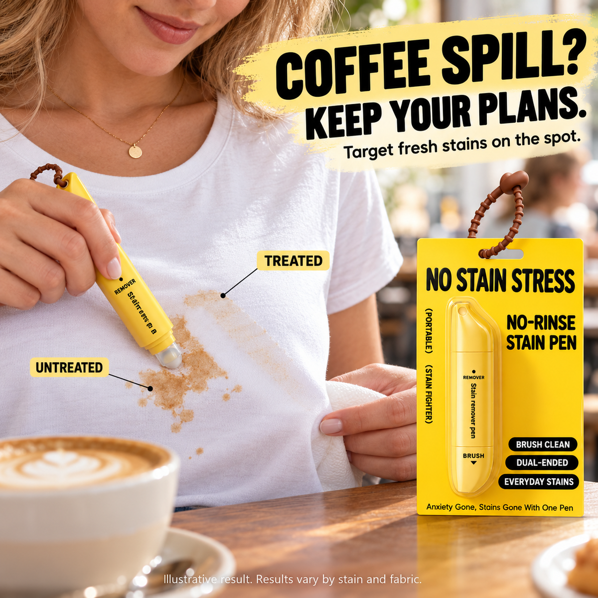 Portable stain remover pen being used on a coffee spill on a white shirt