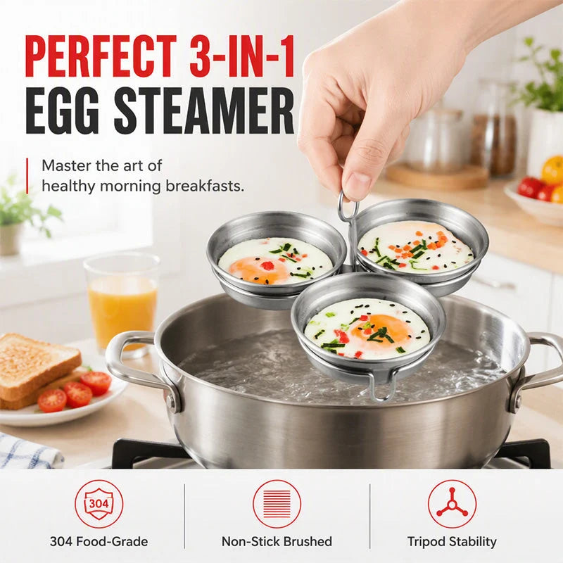 3-in-1 Stainless Steel Egg Poacher – 304 steel, non-stick & versatile