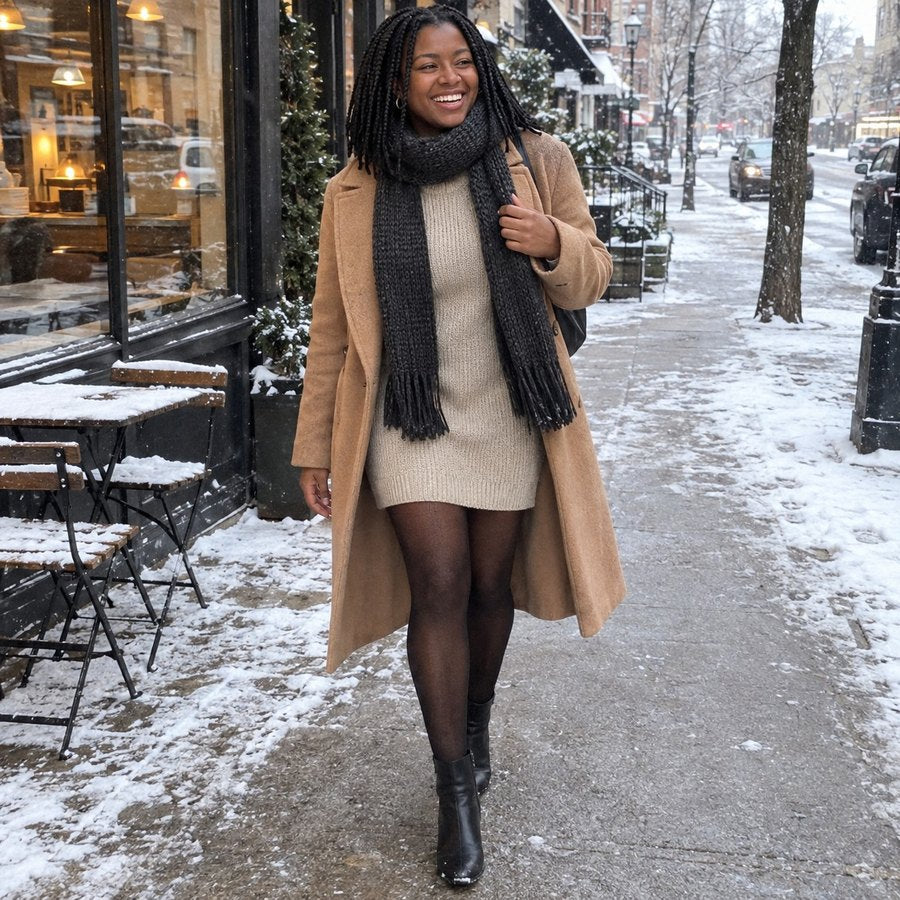 A woman in a coat and dress wearing Sheer Illusion Fleece-Lined Tights on a snowy street